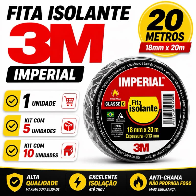 Fita Isolante 3M Imperial 20 Metros – Unidade, Kit com 5 ou Kit com 10