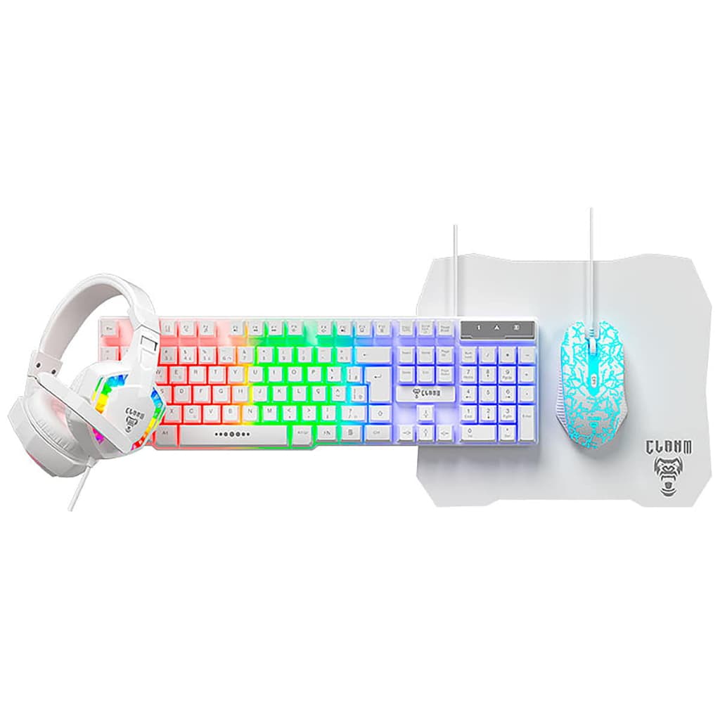 Kit Gamer Branco Teclado LED Rainbow ABNT2 + Mouse 1600DPI + Headset + Mousepad Clanm Nightmare Snow