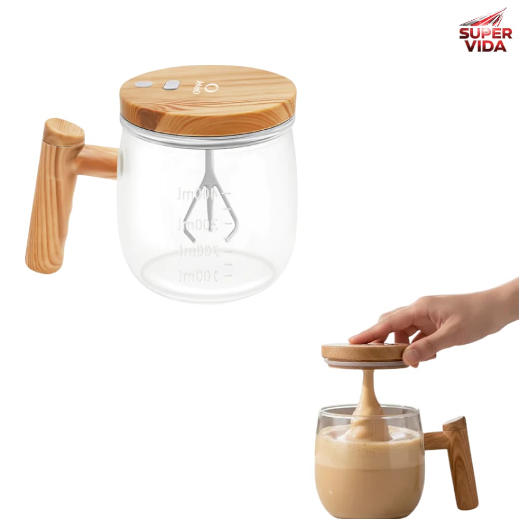 Copo Misturador Automático Portátil 400ml Elétrico Marrom Vidro Saudável Design Madeira/Nórdico