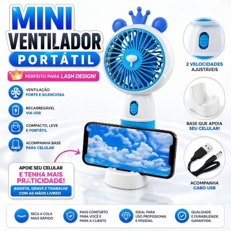 Mini Ventilador Portátil Recarregável USB com Suporte para Celular | Ideal para Lash Designer Secagem Rápida