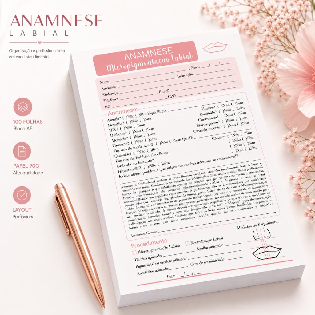 Ficha de Anamnese Micropigmentação Labial (bloco com 100 folhas)