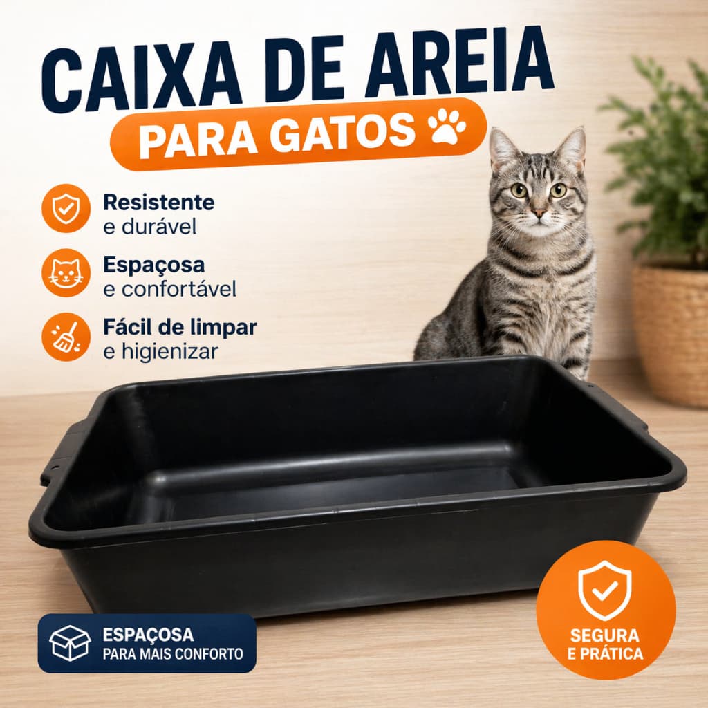 Kit Caixa Areia Gato 20L Plastico Preto Reforcado Bandeja Higienica Grande Resistente Facil Limpeza