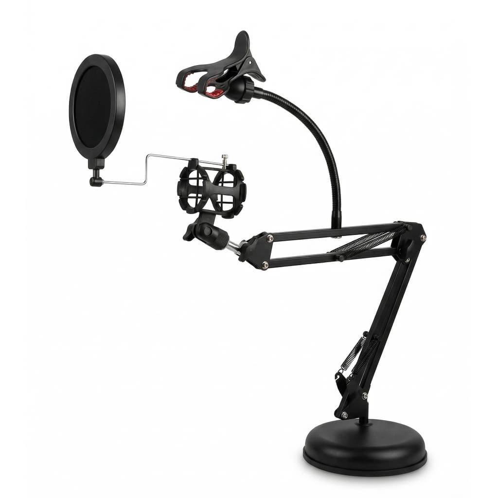 Braço Articulado Microfone Mola Pop Filter E Base Estável Perfeito Para Gravação Live E Home Studio
