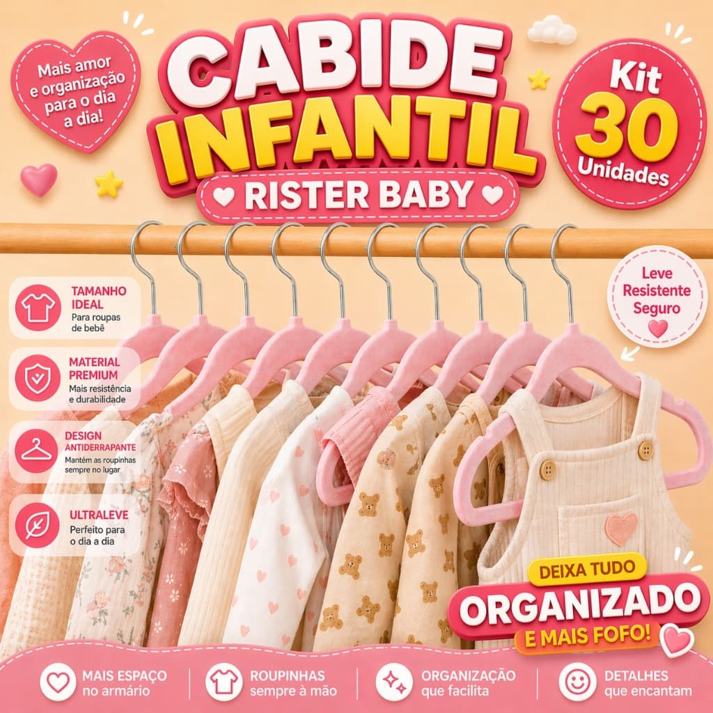 Kit 30 Cabides Veludo Infantil Bebê Rister Baby Fino Antideslizante