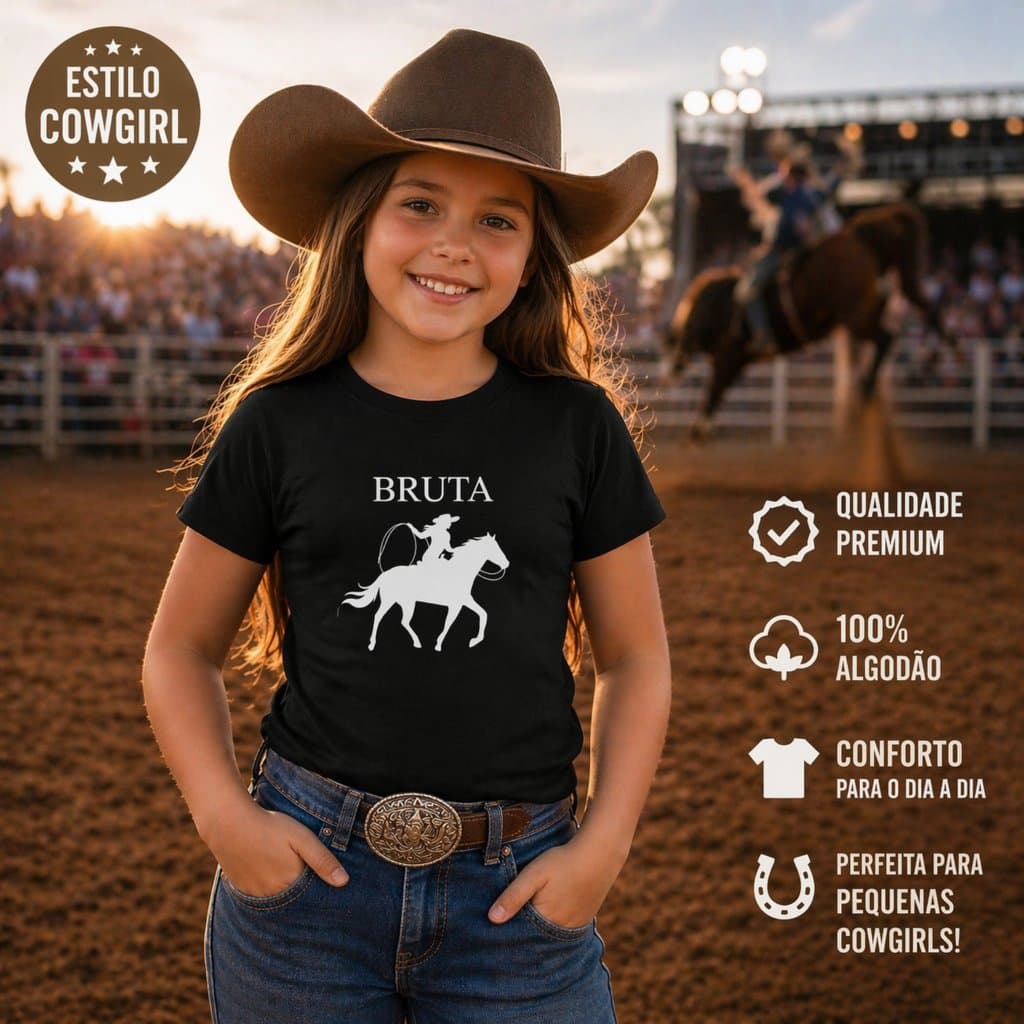 Camiseta Masculina Cowgirl Infantil BRUTA Pecuária Cavalgada Cavalo Roça