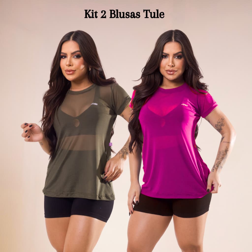 Kit C/2 Blusa Tule Fitness Feminina Transparente Academia Treino Respirável Moda Esportiva Academia