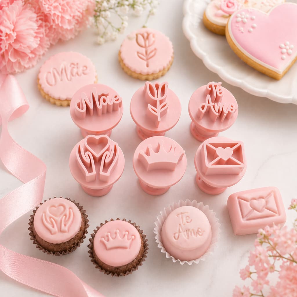 Kit de Carimbos Dia das Mães para Doces, Biscoitos, Brigadeiros e Pasta Americana com 6 Modelos Delicados