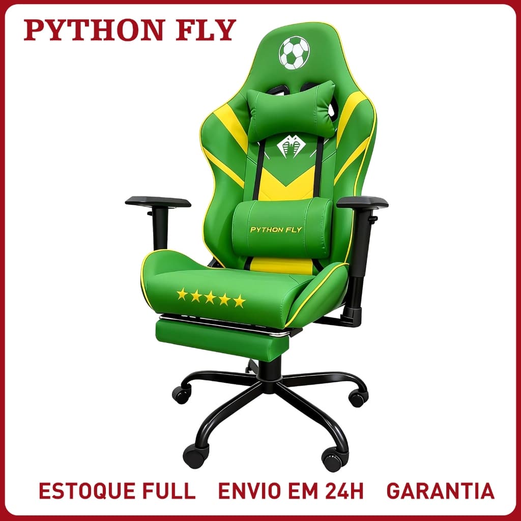 Cadeira Gamer Futebol Brasil Ergonômica 200kg Reclinável Apoio Pés Giratória Couro PU Computador PC
