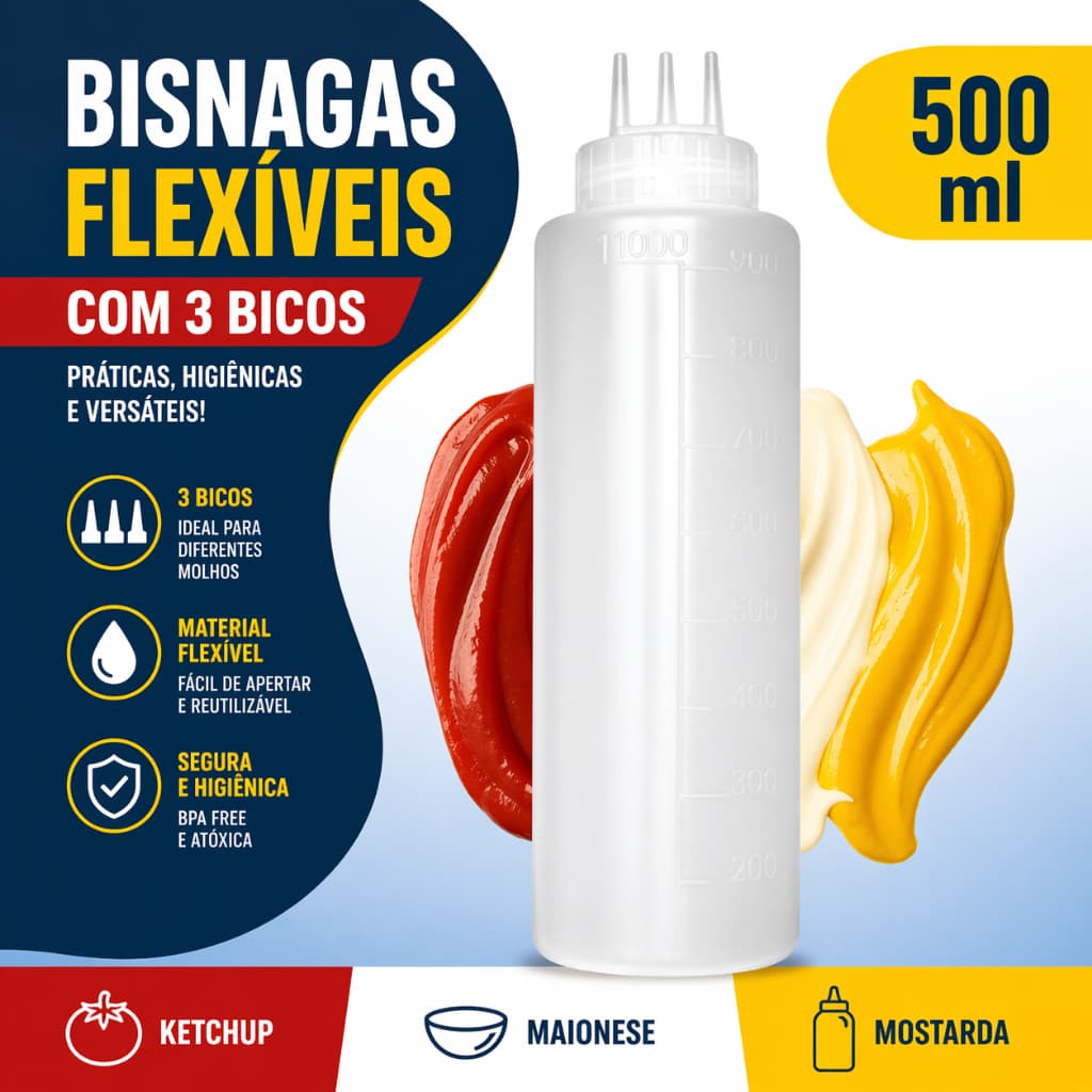 Bisnaga Molho 500ml 3 Bicos Dosador Ketchup Mostarda Maionese Kit  3 5 Unidades
