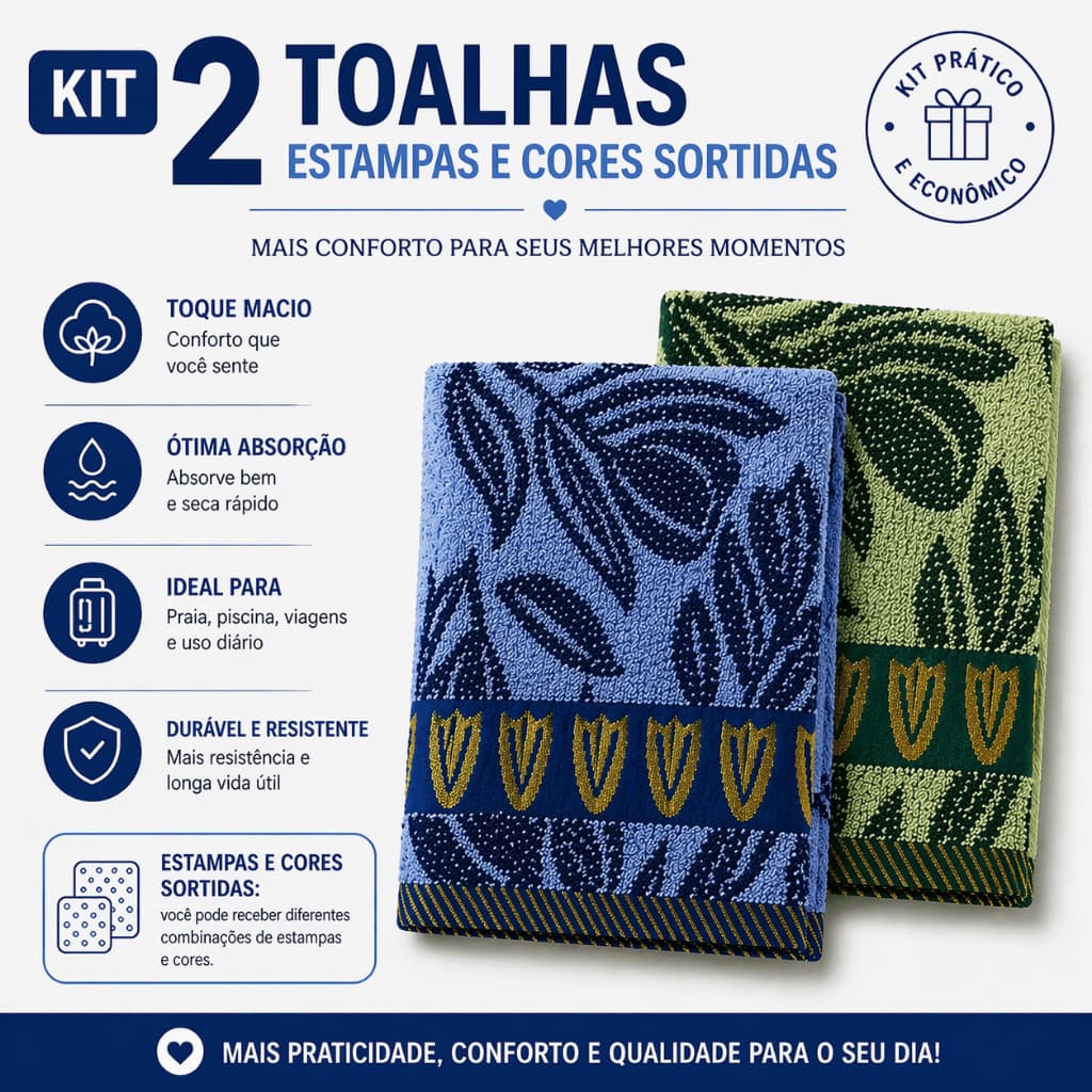 Kit 2 Toalha de Banho Macia Alta Absorção Secagem Rápida Confortável Uso Diário Viagem Sortidas