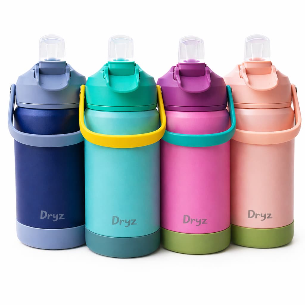 Garrafa Térmica Infantil Inox 350ml com Canudo, Antivazamento, Cores Exclusivas Dryz - Com Adesivos