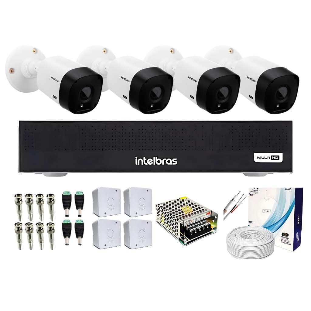 Kit 4 Câmeras de Segurança intelbras VHL 1120 Bullet infra vermelho DVR 4 Canais intelbras MHDX 1304 FullHD MultiHD