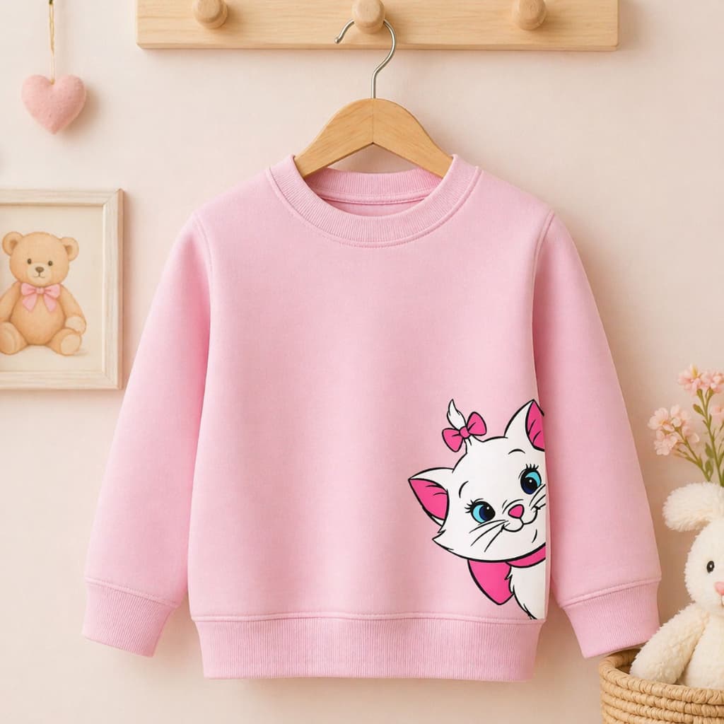 Blusa Moletom Infantil Feminino Rosa Bebê Estampado Gatinha Marie Casual Menina