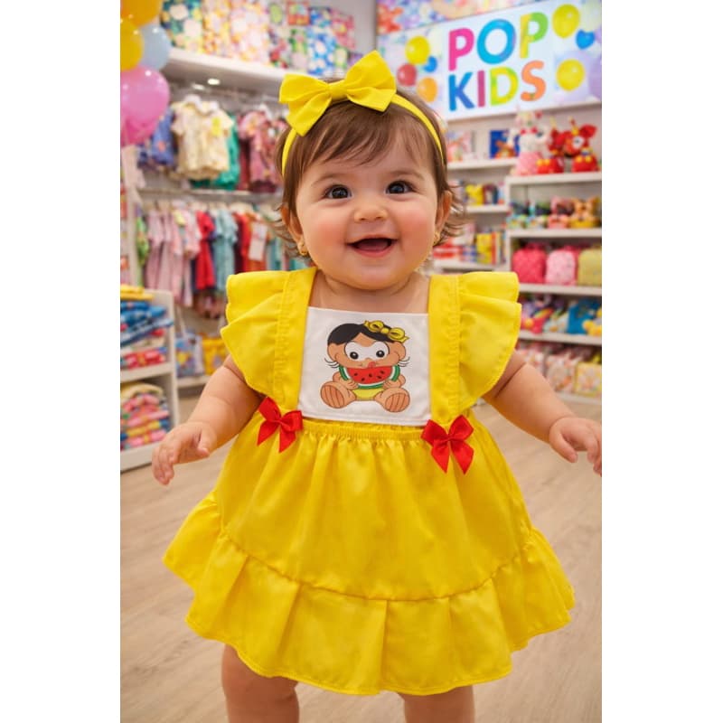 Jardineira Romper vestido Magali Liso amarelo salopete Bebê Menina Body Temático Book Festa Mesário Melancia p/ princesa