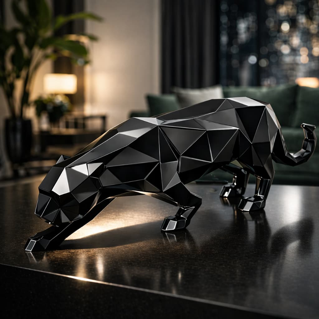 Escultura Pantera Negra Decorativa Geométrica Estátua Preto Branco Para Sala Quarto Rack