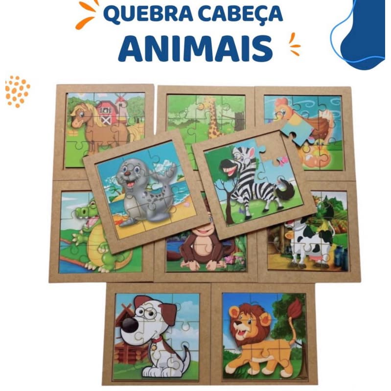 Kit Quebra Cabeça Animais Para Crianças Brinquedo em MDF Contendo 9 Peças Jogo Pedagógico Infantil