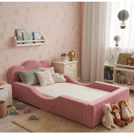 Mini Cama Infantil Pompom Estilo Montessoriano Feita Em Espuma D26 Grades Laterais Cores Bege Azul Rosa -