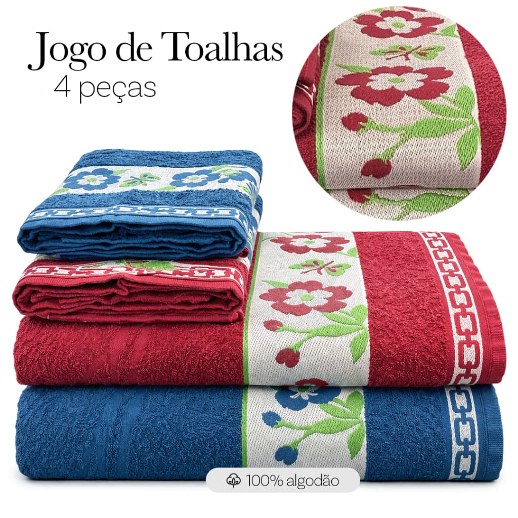 Jogo 4 Peças - Kit 2 Toalha Rosto + 2 Toalha Banho Gigante Grossa 75x150 100% Algodão