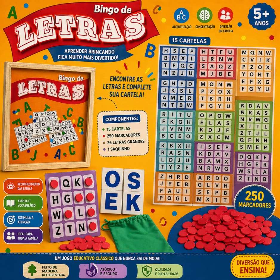 Bingo Letras para Alfabetização 15 Cartelas + 26 Letras + 250 Marcadores