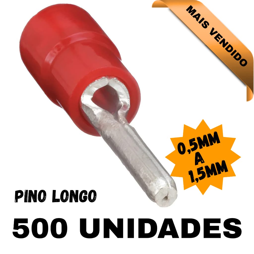 Kit 500 Terminal Pino Pre Isolado 0,5 a 1,5mm Longo Vermelho