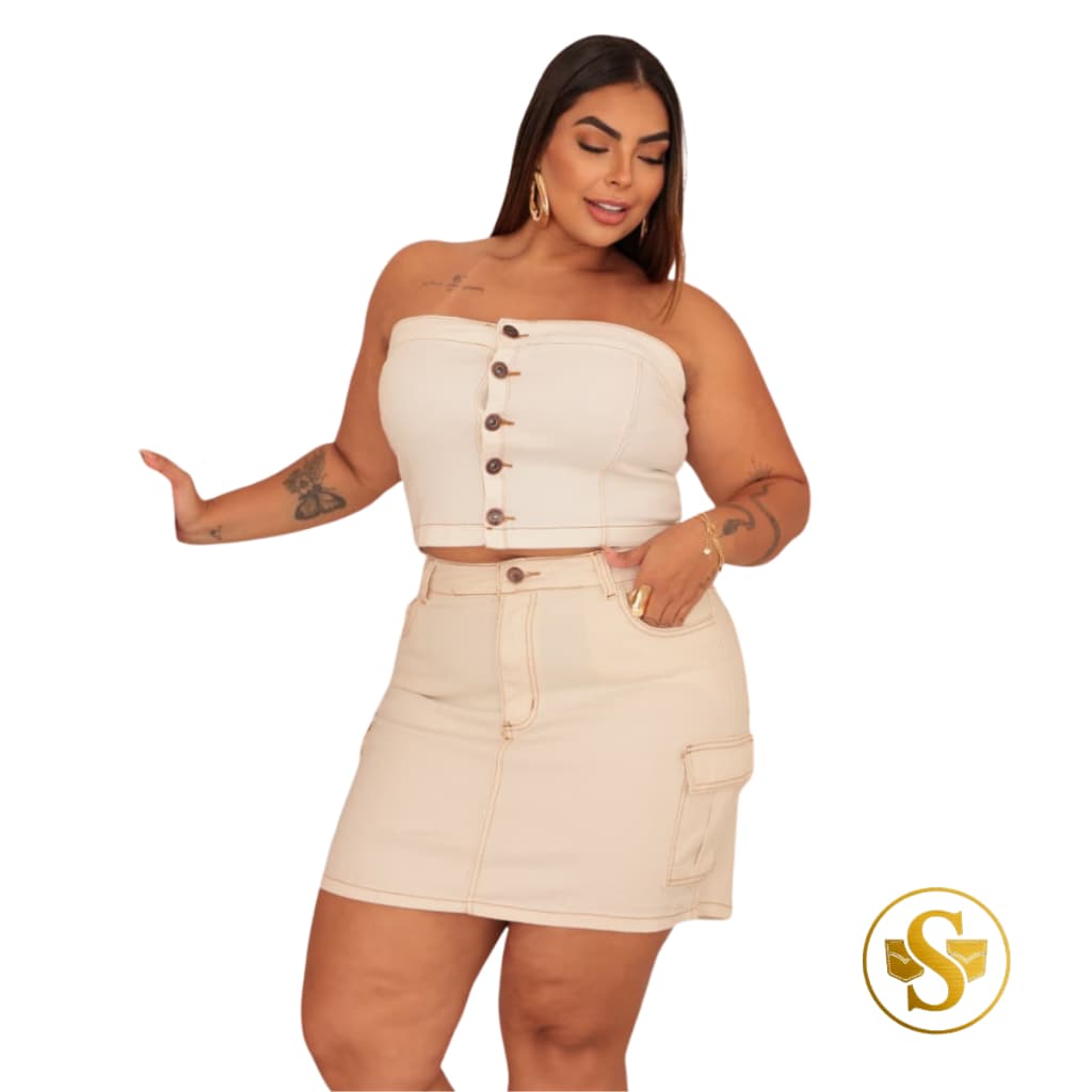 Saia Jeans Cargo Plus Size Com Lycra Cintura Alta Bolsos Laterais Conforto Premium 46-54 Off-White