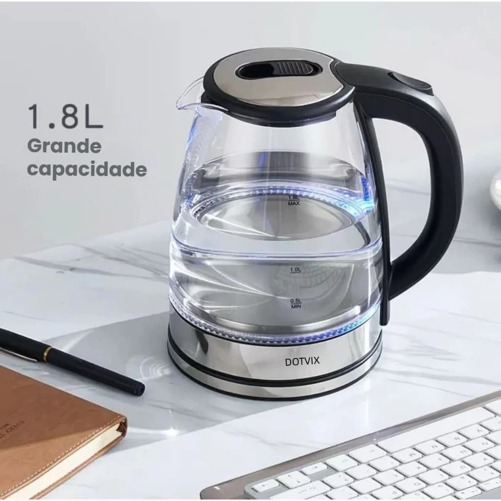 Chaleira Elétrica Inox e Vidro 1,8L Ferve Rápido Desligamento Automático 110V/220V Segura Moderna