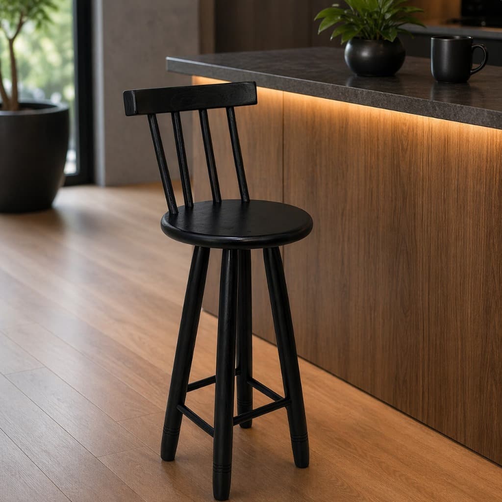 Banqueta Encosto Alta Madeira Maciça Resistente Redonda Banco Alto Cozinha Bar Área Gourmet Preta