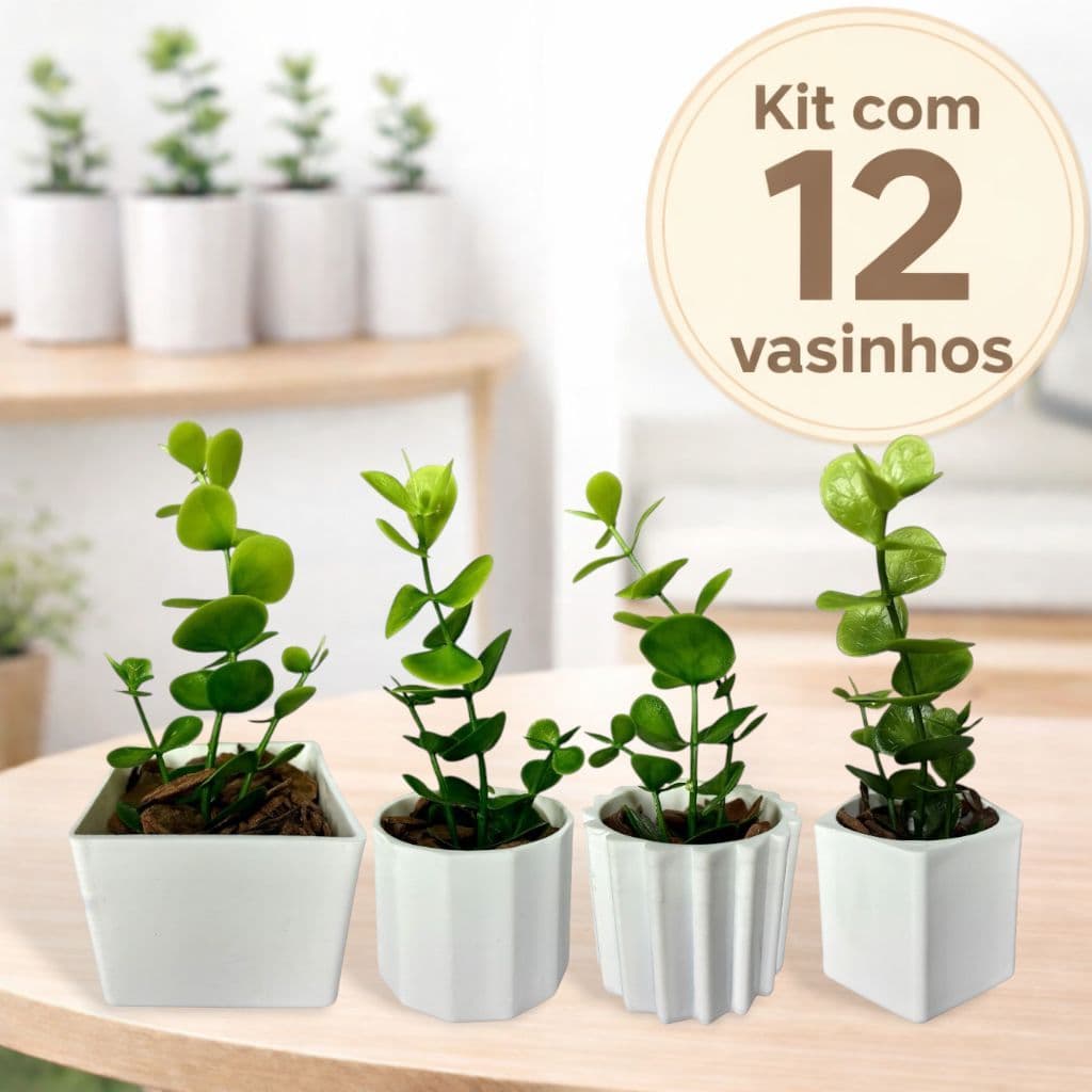 Kit 12 Vasinhos Decorativos com Plantas Artificiais