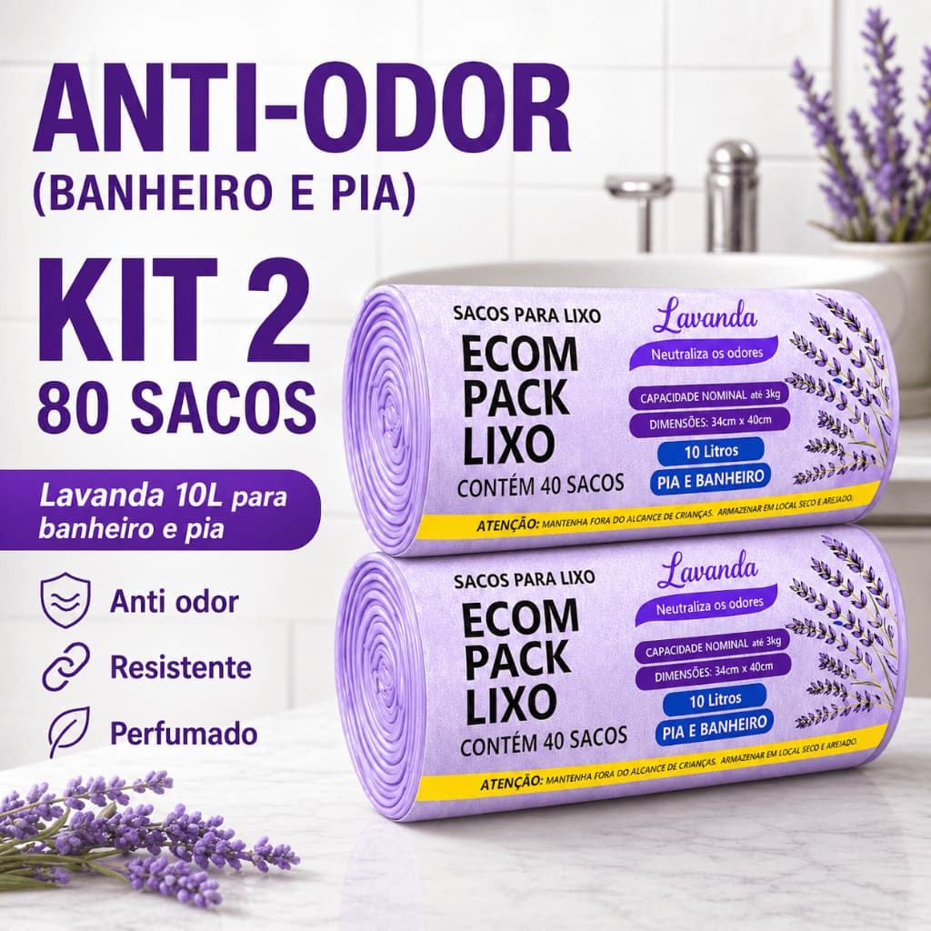 Saco Lixo Lavanda 10L 2 Rolos 80 Un Perfumado Reforcado Anti Odor Banheiro Pia Cozinha Higienico