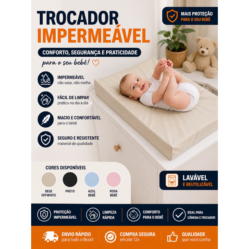 Trocador de Cômoda Impermeável para Bebê | Fácil Limpeza, Confortável e Seguro (Várias Cores)