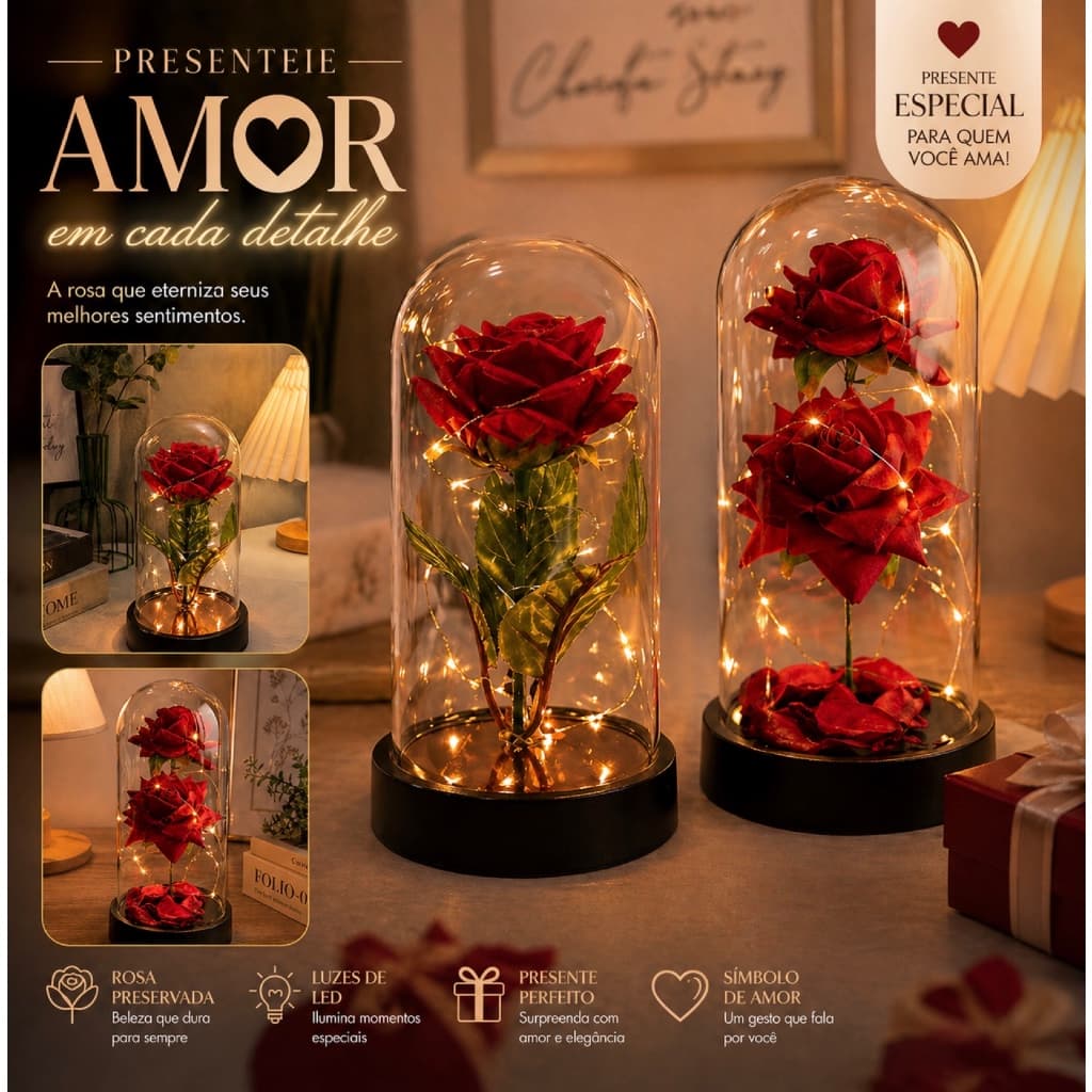 Rosa Eterna com LED Cúpula Presente Luxo Decoração Quarto Luz Decorativa Luminária Premium