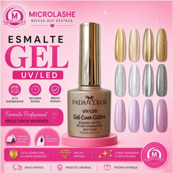 Esmalte Gel Glitter Diamantado Fada Color 10ml UV LED Profissional Brilho Intenso Unha Gel Fibra