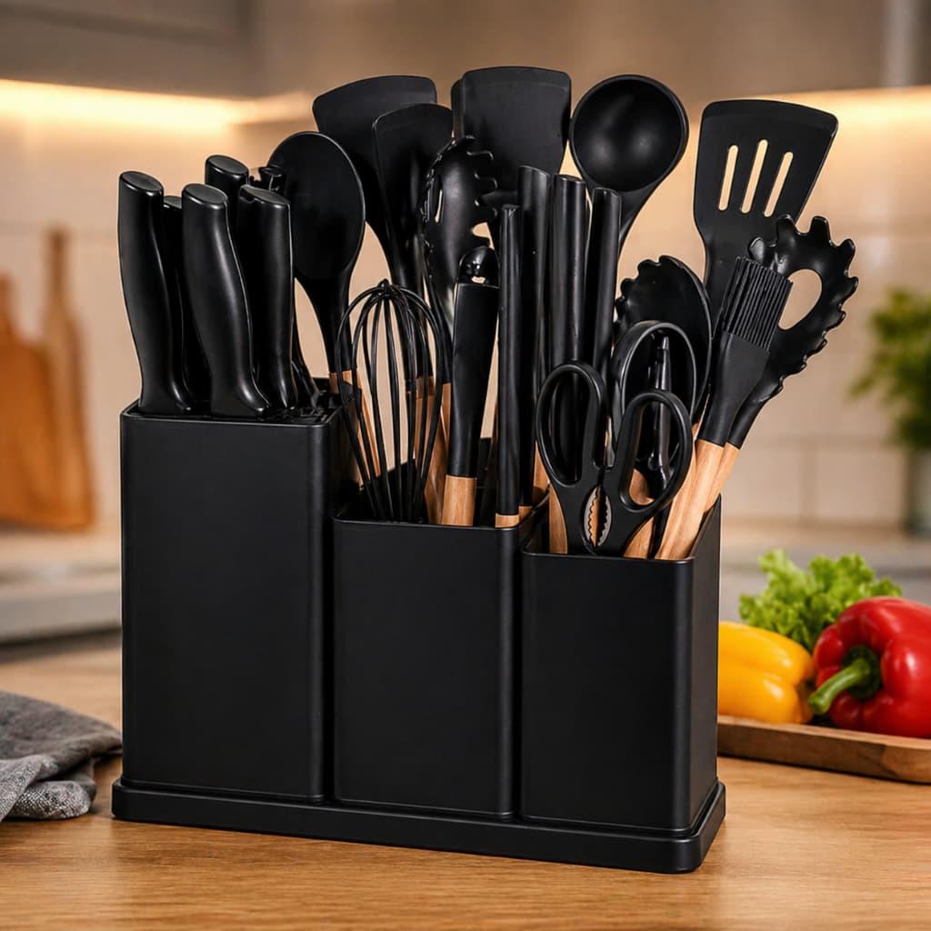 Kit Cozinha Silicone 19 Peças Completo Cabo Madeira Antiaderente com Facas Tábua e Organizador