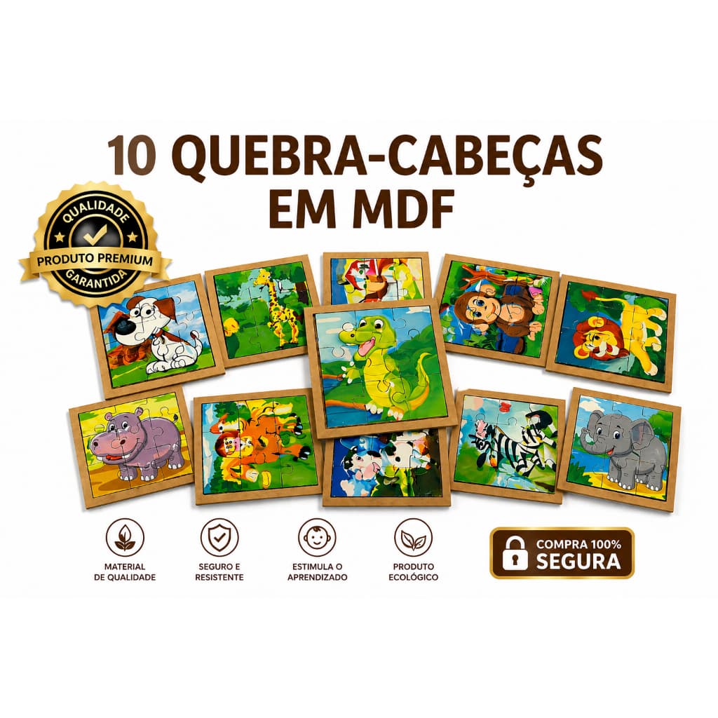 KIT 10 UNIDADES QUEBRA CABEÇA BRINQUEDO MONTESSORI MDF