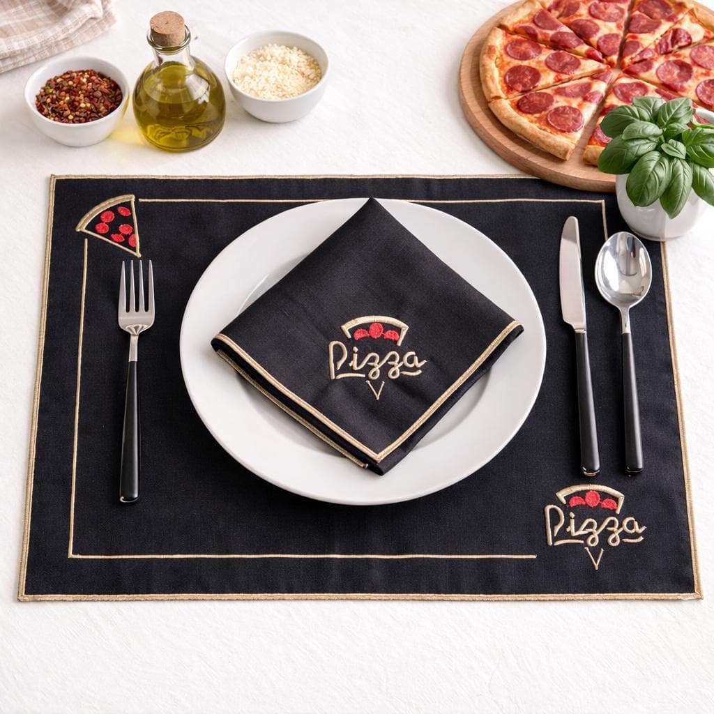 8 Peças (4 Jogos) Jogo Americano Bordado Pizza Com Guardanapo