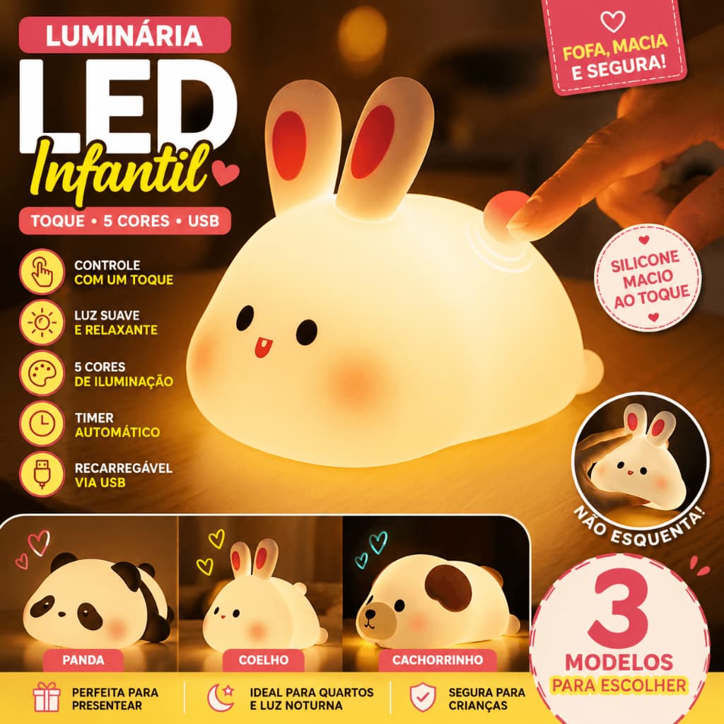 Luminária Infantil LED Silicone Panda Coelho Cachorro Luz Noturna Touch USB Decorativa