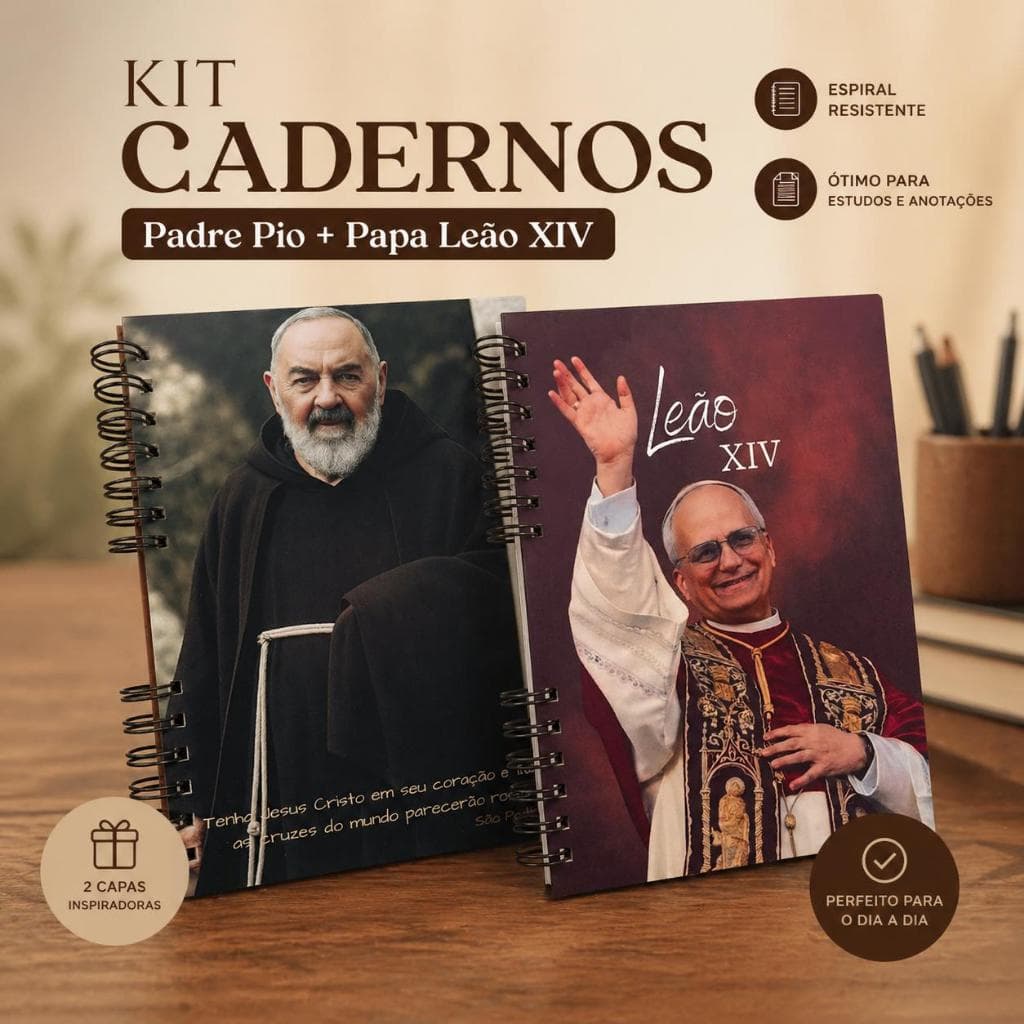 Kit 2 Cadernos Católicos Padre Pio + Papa Leão Personalizados A5 Presente Religioso