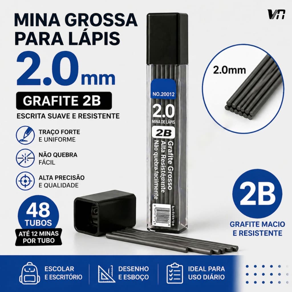 Mina de Lápis 2.0mm Grafite 2B - 3/6/9/12PCS Não Quebra Fácil Escola e Escritório XK-AMD-20012