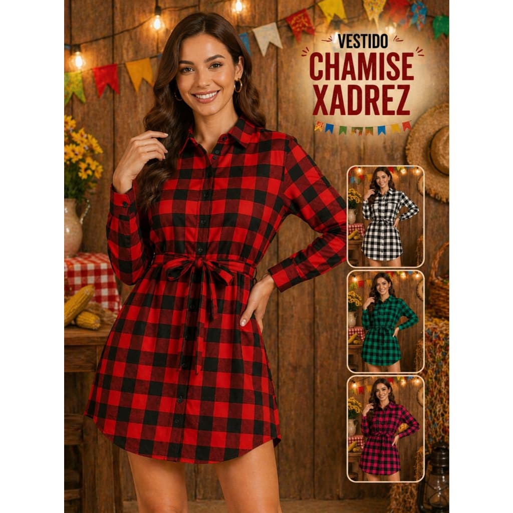Chamise Vestido Xadrez Feminina Junina Camisão Com Cinto Festa Junina