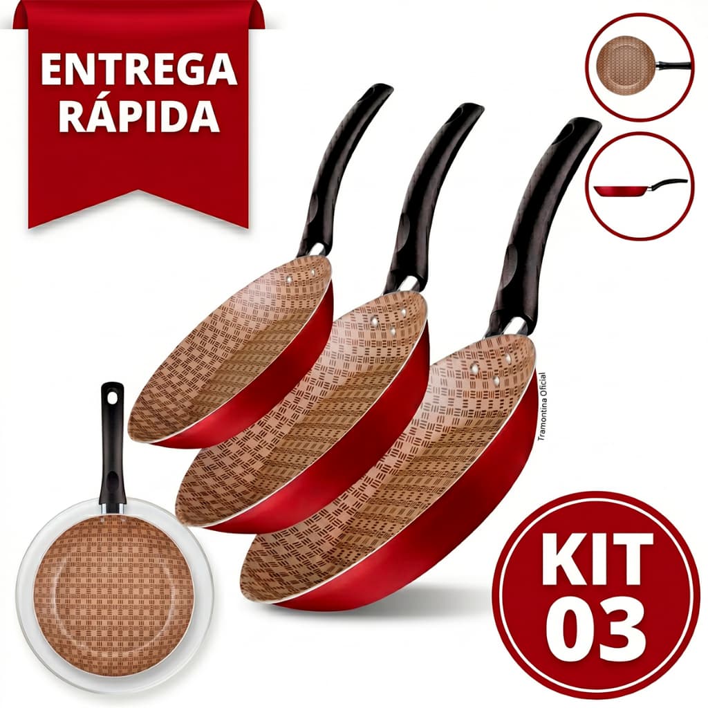 Kit Jogo Conjunto de 3 Frigideiras Tramontina Turim N16 N20 N24 Antianderente Vermelha