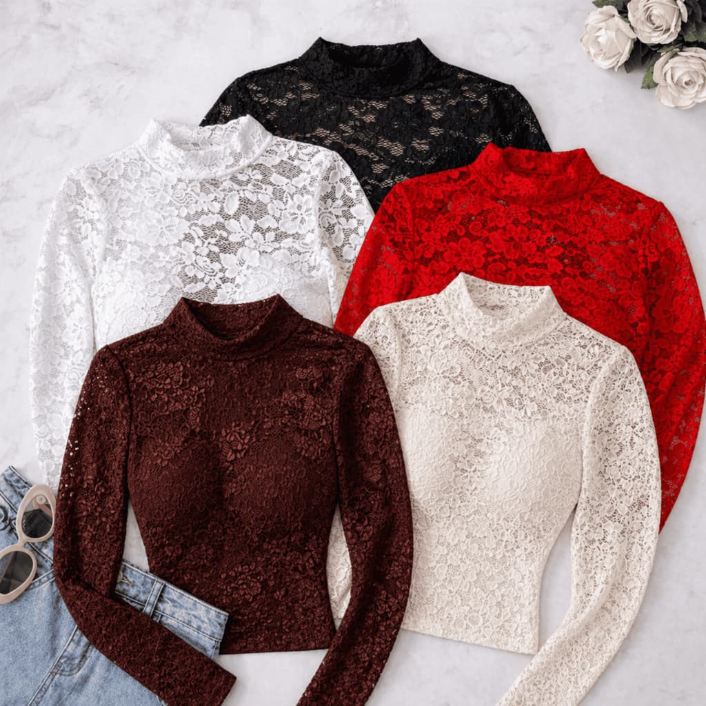 Body Feminino Com Renda Floral Manga Longa Inverno Luxo Moda Feminina Renda Poliamida e Elastano