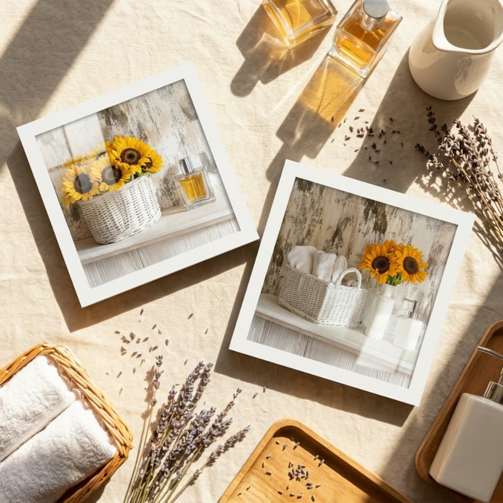 Kit 2 Quadros Decorativos 18x18 Girassóis Banheiro Cestas Flores Moldura Vidro Lavabo Toalete Floral