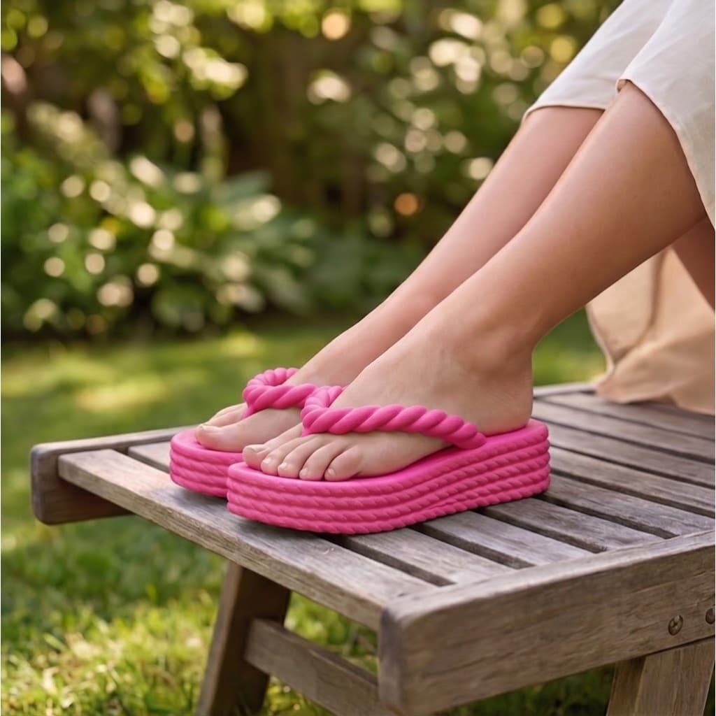 Chinelo Feminino Plataforma Alta Tiras Corda Trançada Estilo Boho Macio Conforto