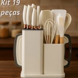 kit Completo Jogo Utensílios de Cozinha Luxo 19 Peças Com Tábua em Silicone Espátula Faca Tesoura
