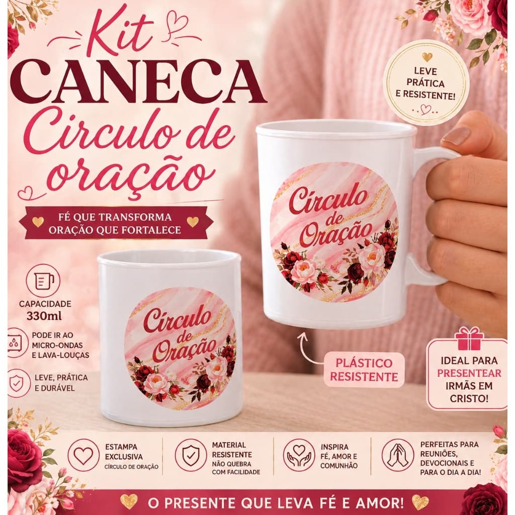 LEMBRANCINHA PARA IGREJA 50 CANECAS EVANGÉLICA CIRCULO DE ORAÇÃO ROSA PERSONALIZADA PRESENTE IGREJA