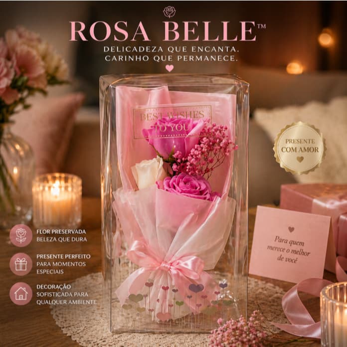 Buquê Rosa Belle™ Floral Preservado Caixa Transparente Presente Elegante Decoração Dia das Mães