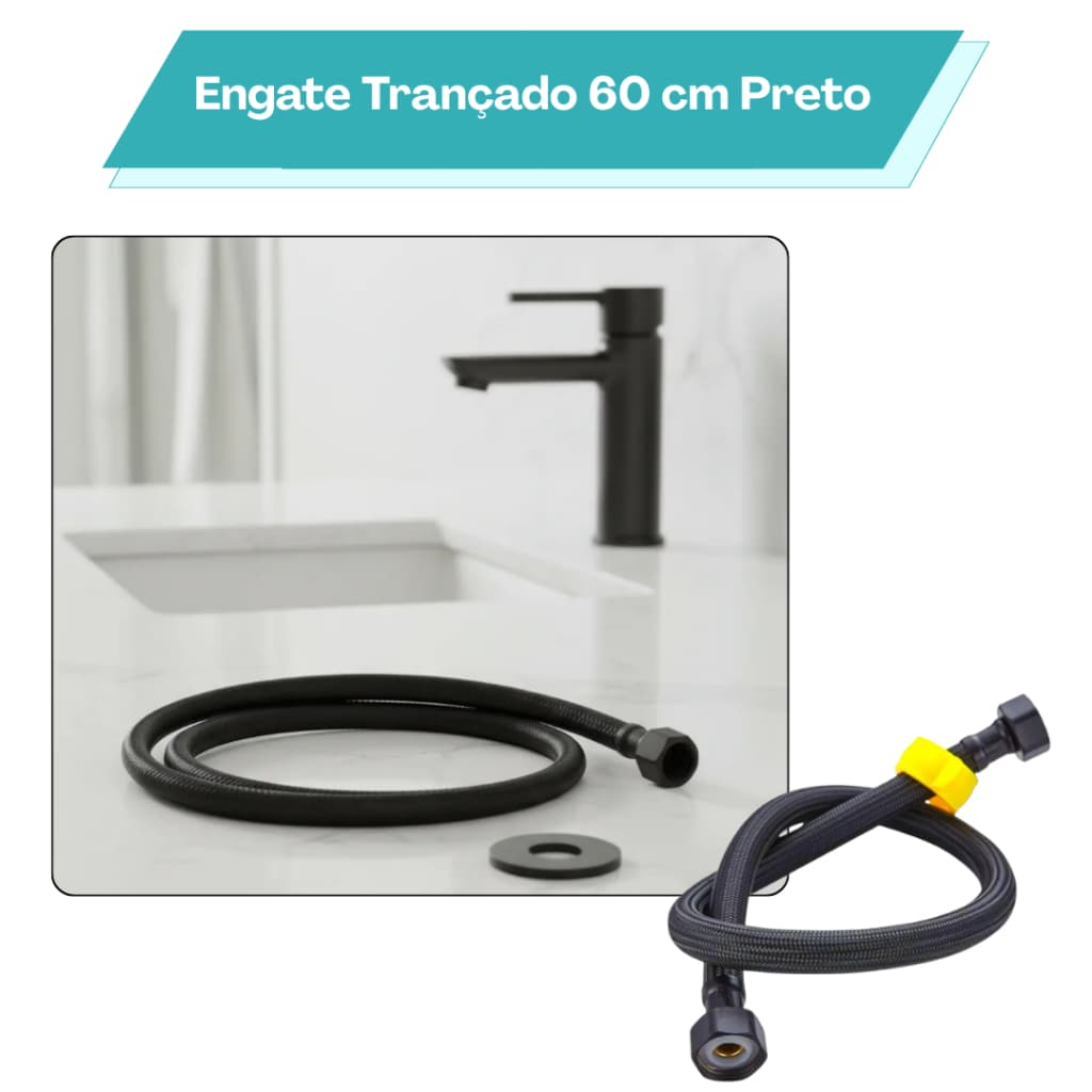 Engate Mangueira Flexível Trançado 60cm Preto Mangueira Rabicho Agua Quente E Fria