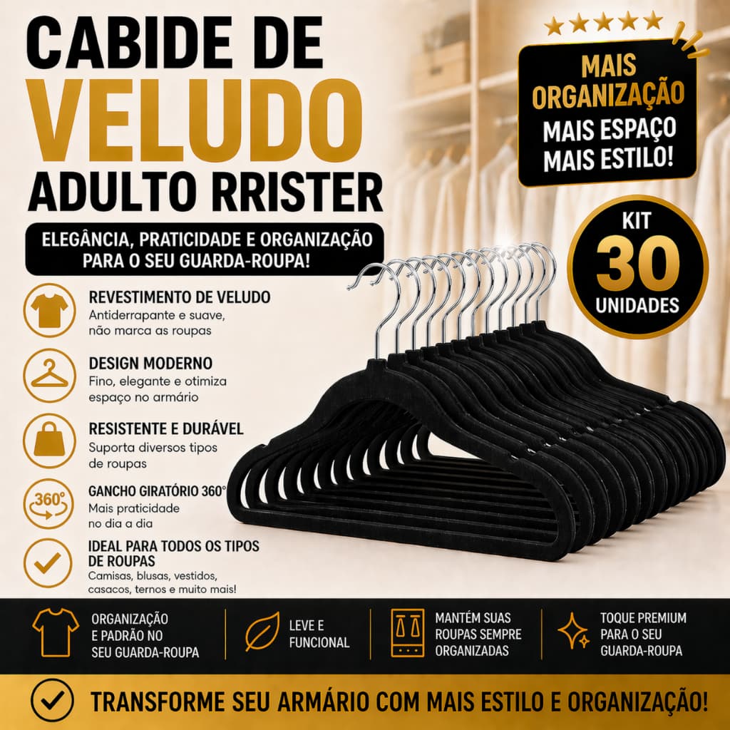 Kit 30 Cabides Veludo RRister Adulto Slim Antideslizante Ultra Fino Não Marca Roupas Economiza Espaço