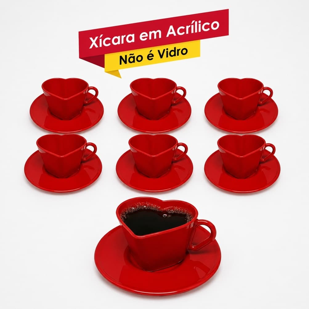 Canto do Café - 6 Xicaras Coração Vermelhas em PLÁSTICO ACRILICO + 6 Pires - presentes decoração mãe