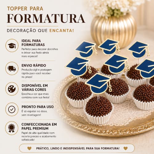 Topper para Docinhos Formatura | Aplique Decorativo | Cores Dourado, Verde, Azul ou Rosa | Envio Rápido